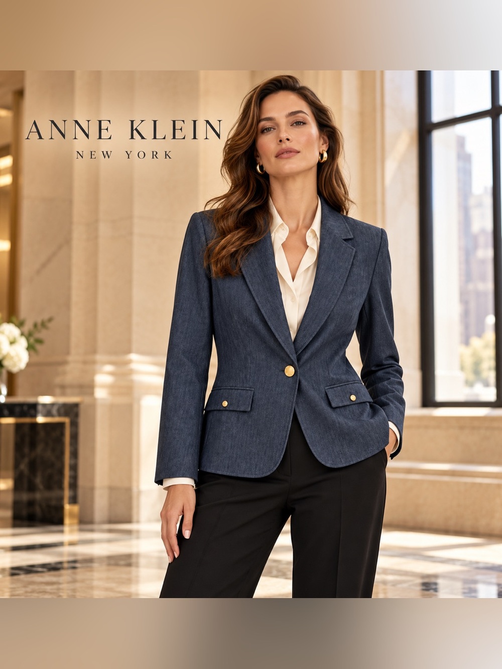 NWT Anne Klein Navy Blue-Gray Tailored Blazer Jacket Gold Buttons Size Small